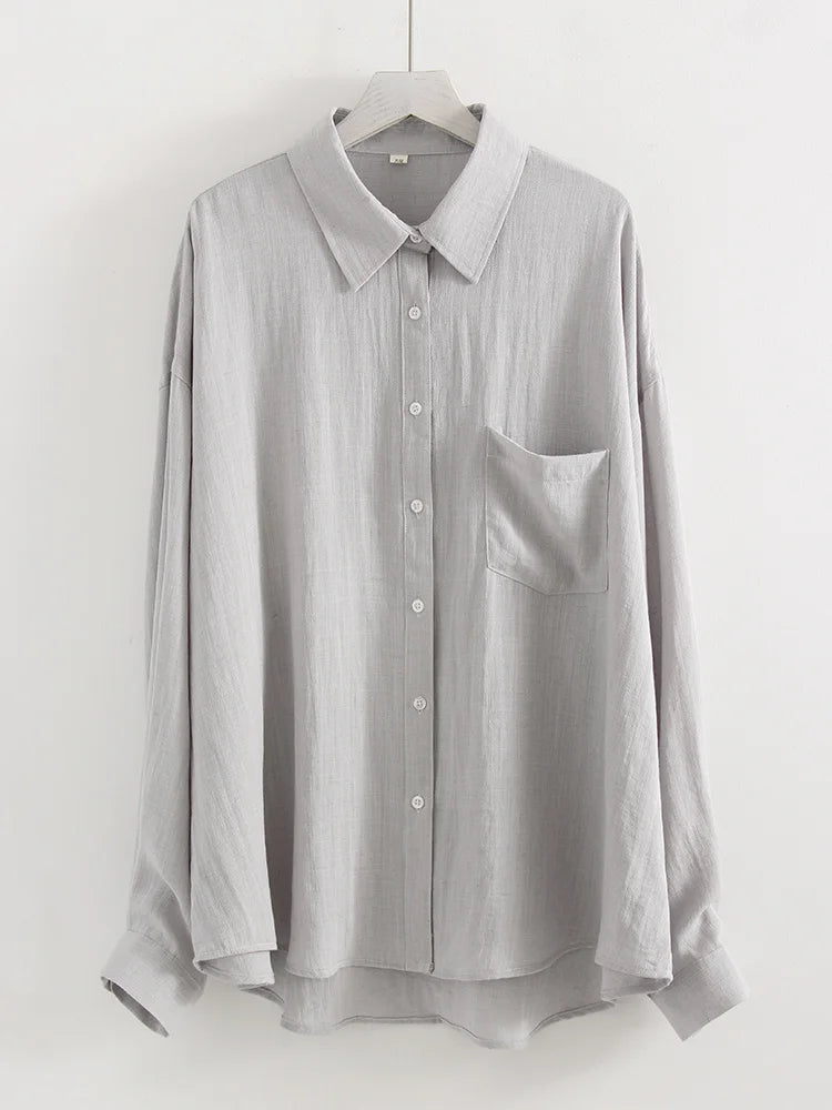 Summer Blue Linen Shirts For Women Oversized Long Sleeve Tops Green Shirt Woman Work Basic Linen Tops Women White Shirts Ladies