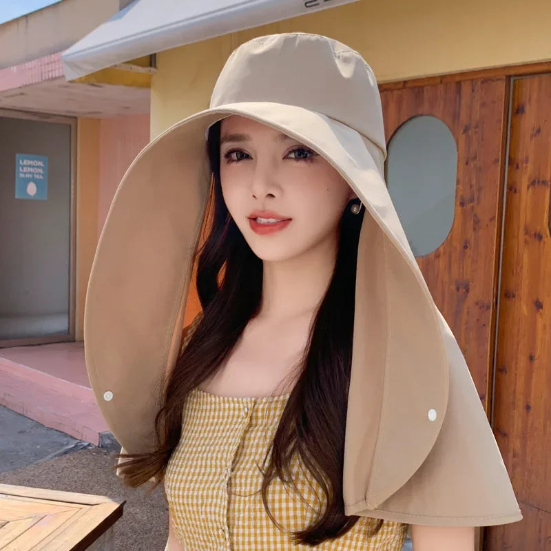 Summer Hats for Women Outdoor UV Anti Neck Protection Sun Visors for Lady Fishing Hiking Wide Brim Shawl Sunscreen Ponytail Cap