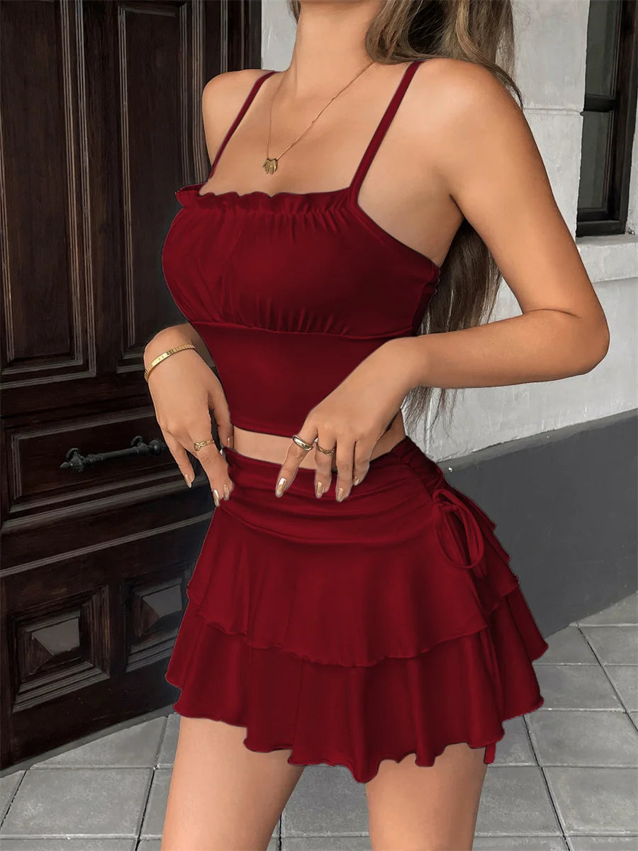 Women's Mini Skirt Low Waist Solid Color Ruffle Hem Skirt Role Play Schoolgirl Costume Sexy Hot Summer Elastic Waist Short Skirt