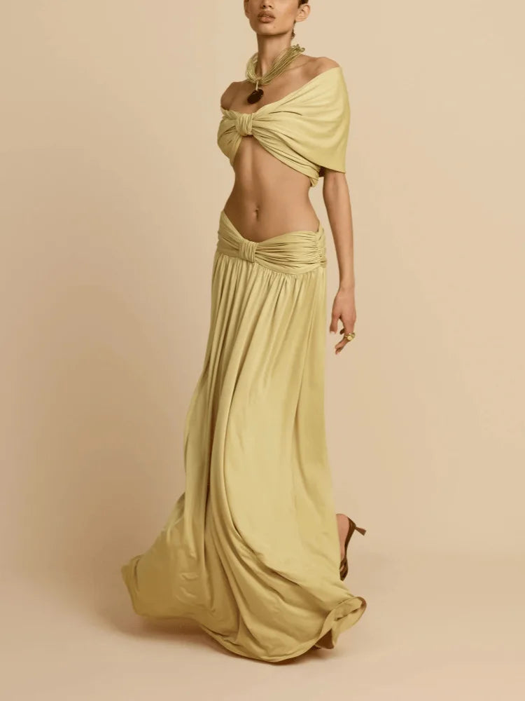 Women's Elegant 2 Piece Outfit | High Waist Draped Long Skirt & Off Shoulder Sleeveless Crop Top for Party Daily