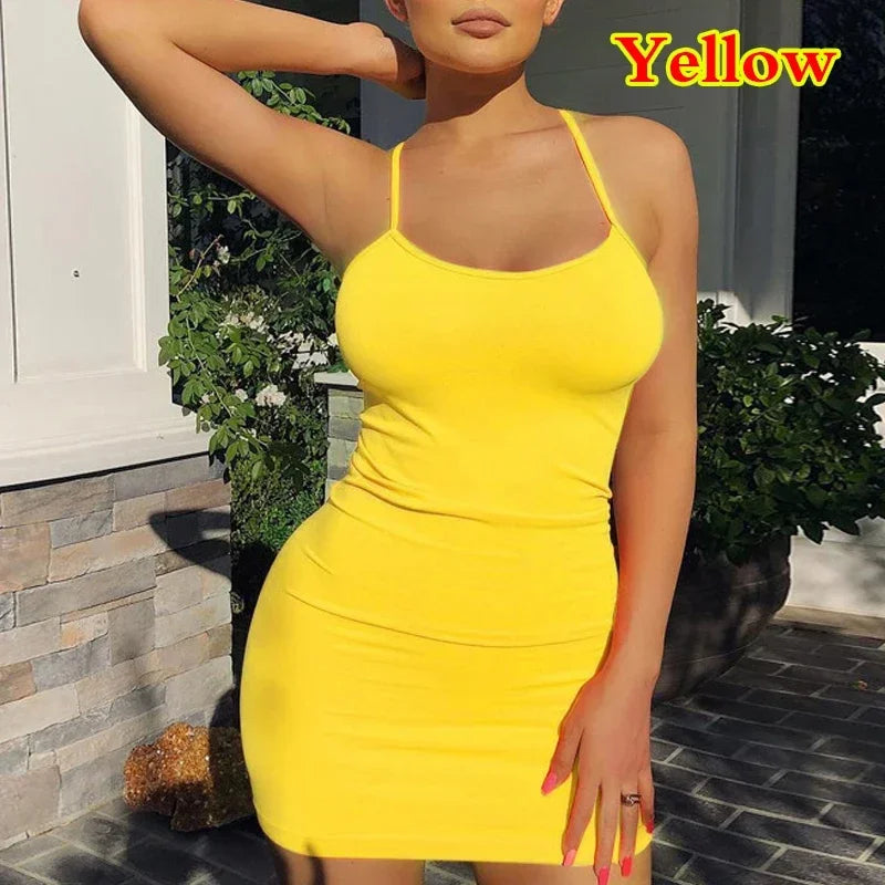 Summer Spaghetti Strap Mini Dress 2026 Women Sexy Bodycon Club Party Dresses Short Female Camisole Solid Black Sheath Sundress