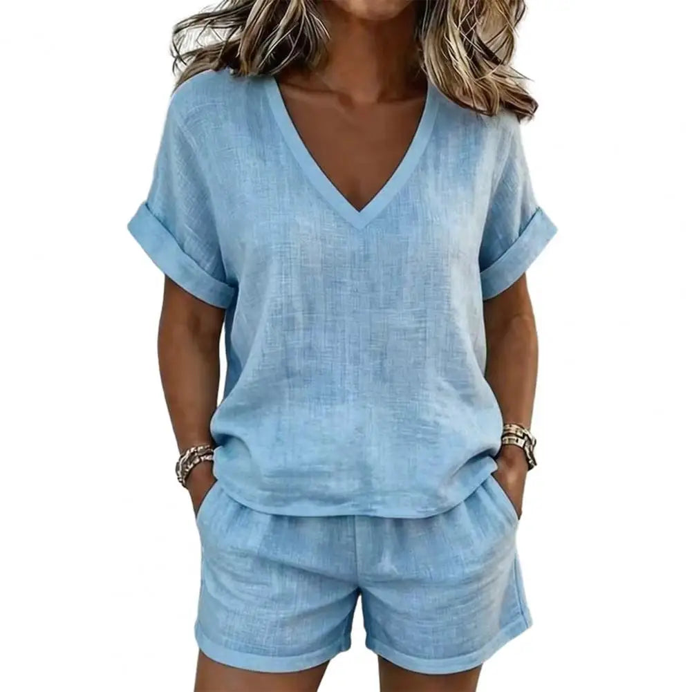 Summer 2 Piece Sets for Women, Short Sleeve V Neck Top And Shorts Lounge Outfits, Casual Vacation Matching Set with Pockets
