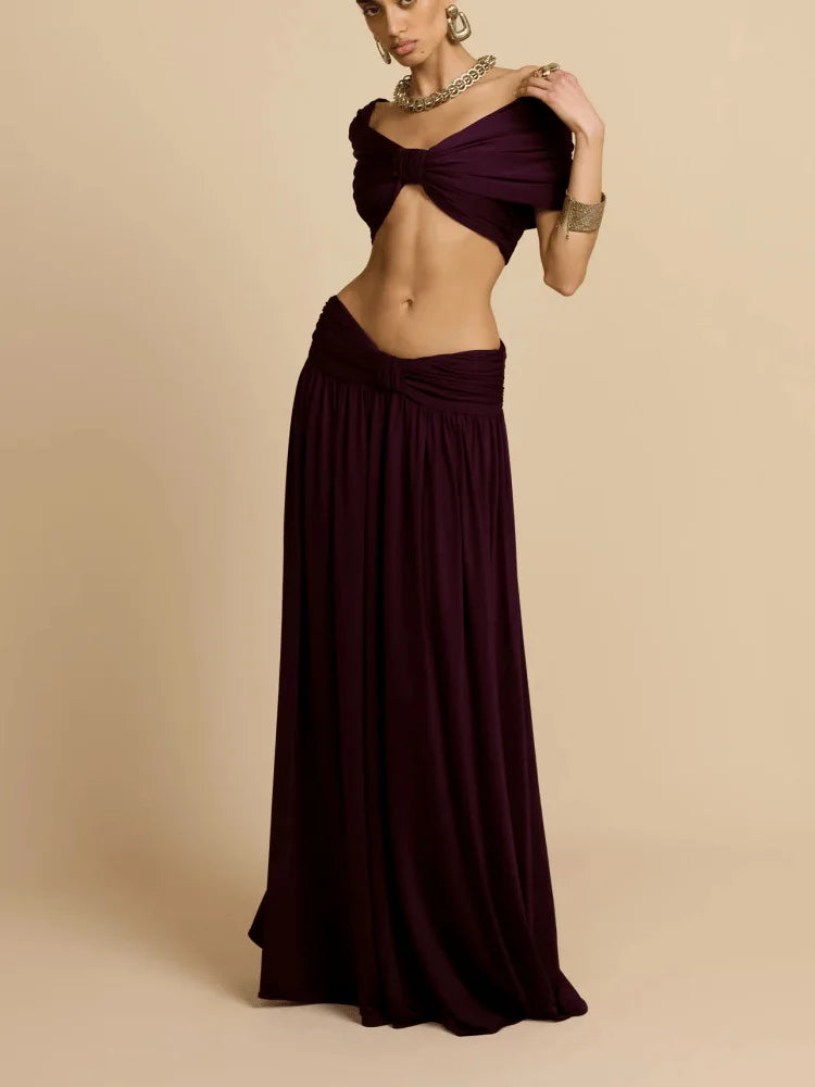 Women's Elegant 2 Piece Outfit | High Waist Draped Long Skirt & Off Shoulder Sleeveless Crop Top for Party Daily