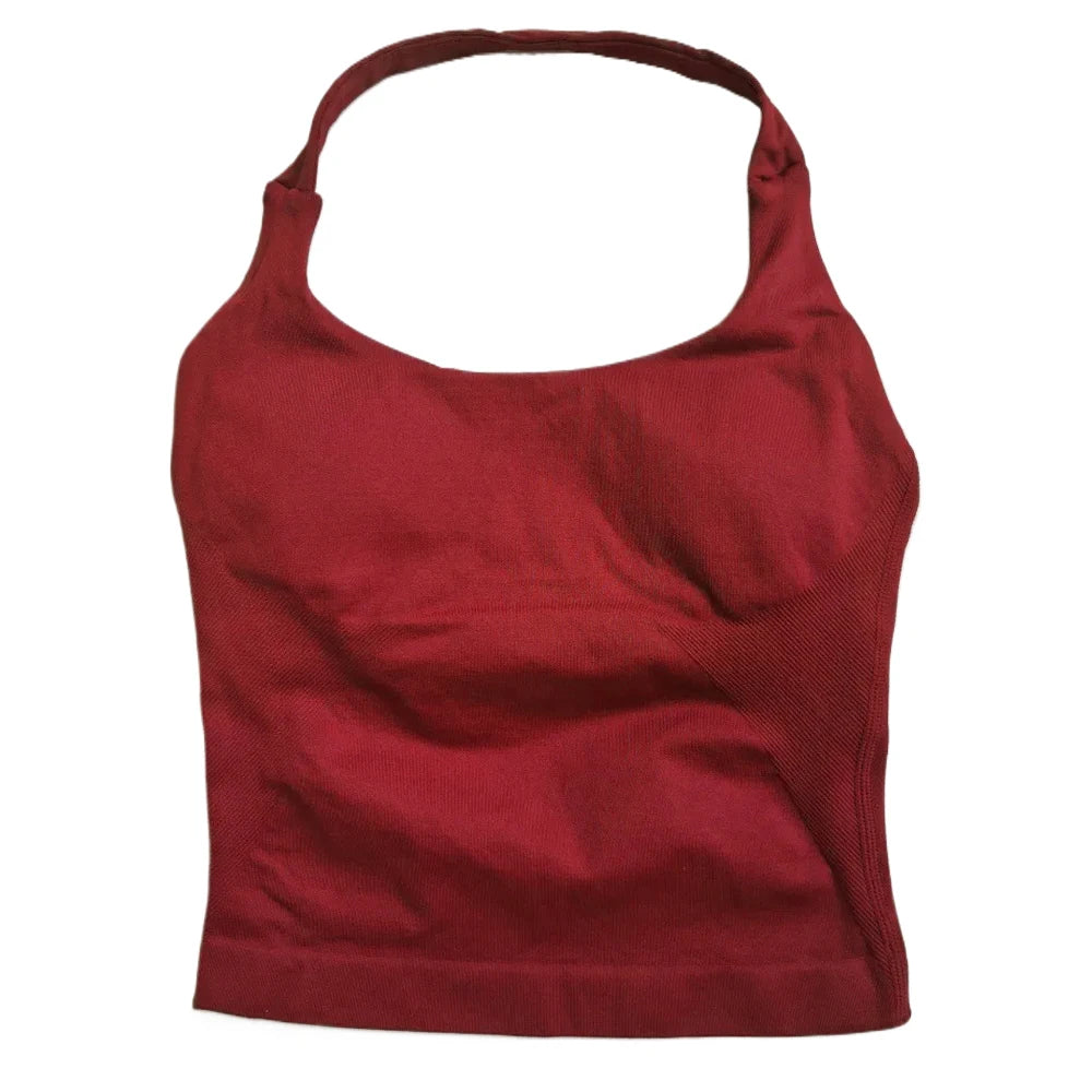 Gym Top Women Clothes Strappy Workout Tank Top Padded Sports Bra Backless Yoga Shirts Seamless Gym Crop Top Halter Fitness Vest