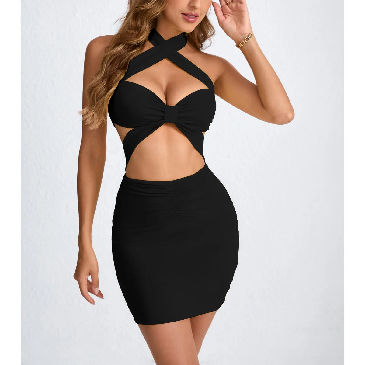 New Women's Mini Skirt Hollowed-out Neck-hugging Sexy Dress