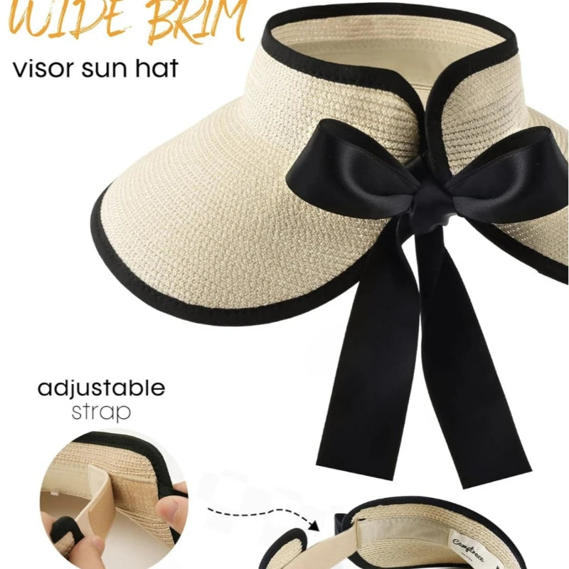 Summer Women Hollow Top Wide Brim Straw Visor Sun Hat With Back Bow Knot, UV Protection Ponytail Hat, Foldable Lightweight Beach