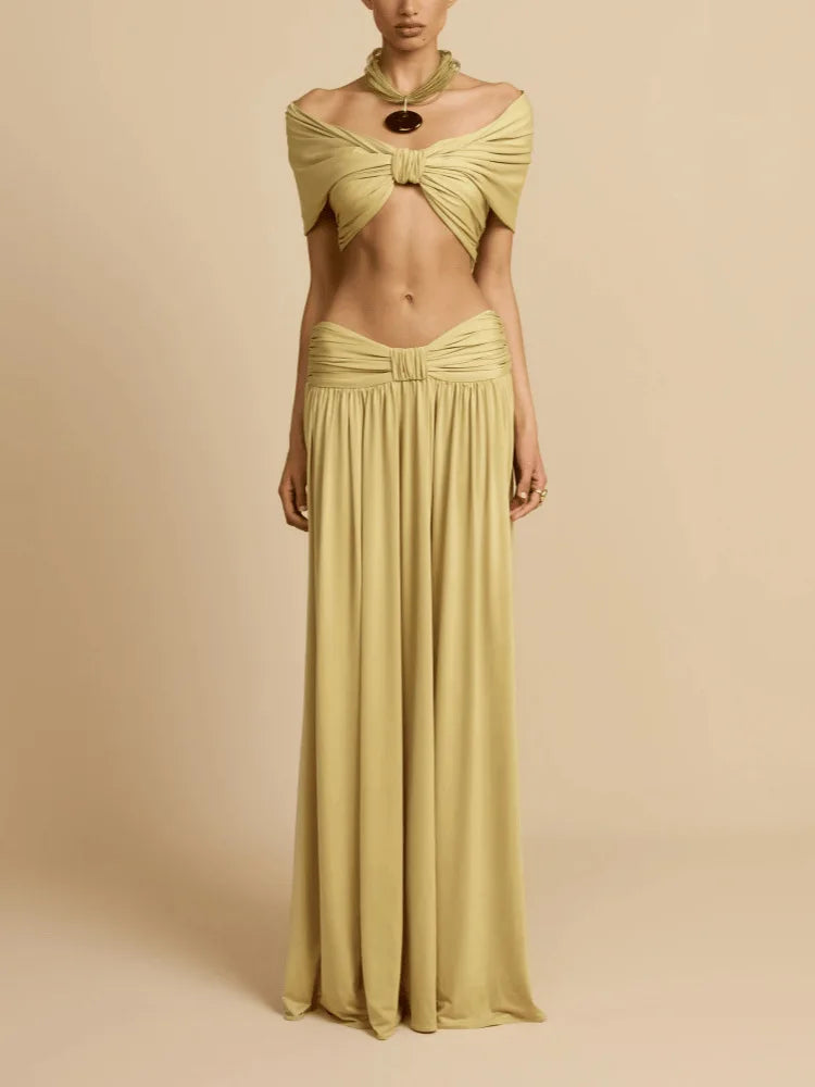Women's Elegant 2 Piece Outfit | High Waist Draped Long Skirt & Off Shoulder Sleeveless Crop Top for Party Daily