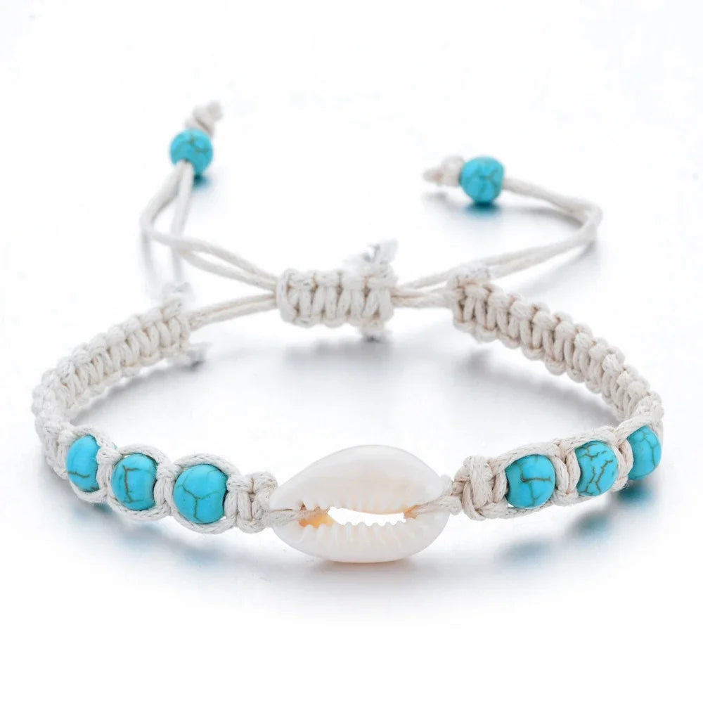 Summer Starfish Shell Woven Bracelet Unisex Adjustable Wax Rope Turquoise Beaded Anklet Bracelet Women Men Boho Beach Jewelry
