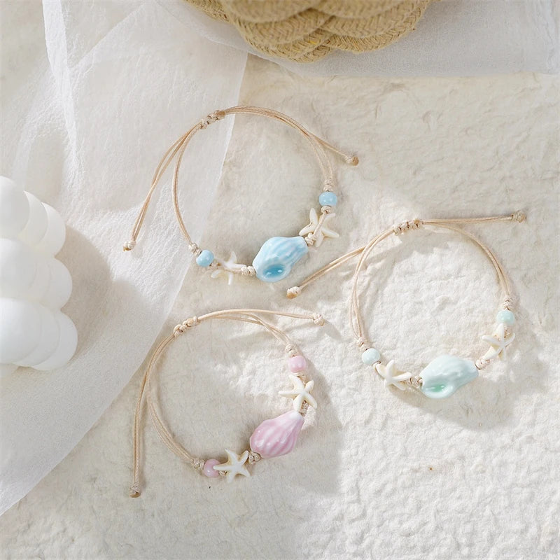 Bohemian Shell Starfish Woven Bracelet for Women Summer Beach Vacation Handmade Adjustable Rope Bangle Wristband Jewelry Gift
