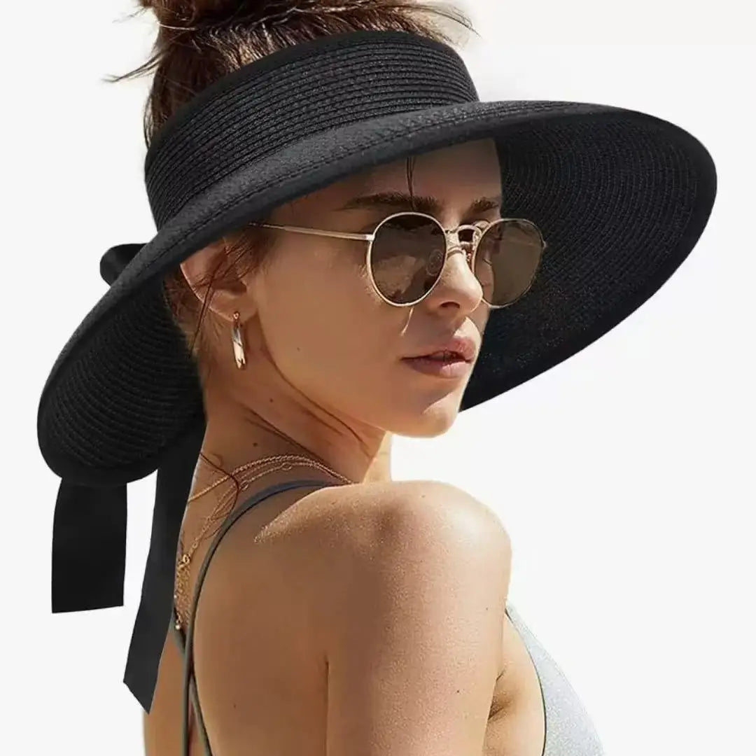 Summer Women Hollow Top Wide Brim Straw Visor Sun Hat With Back Bow Knot, UV Protection Ponytail Hat, Foldable Lightweight Beach