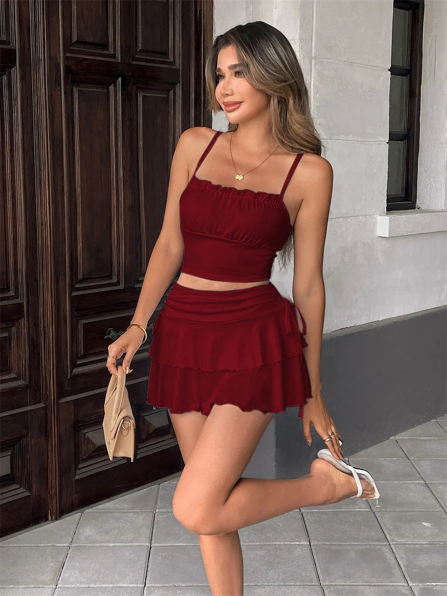 Women's Mini Skirt Low Waist Solid Color Ruffle Hem Skirt Role Play Schoolgirl Costume Sexy Hot Summer Elastic Waist Short Skirt