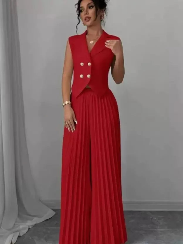 Women's White 2 Piece Outfit Double Breasted Vest and Pleated Wide Leg Pants Set Elegant Office Lady Business Casual Summer Suit