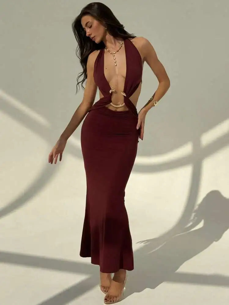 Summer Women Sexy Halter Deep V Neck Backless Dress Snake-Shaped Decoration Long Dresses