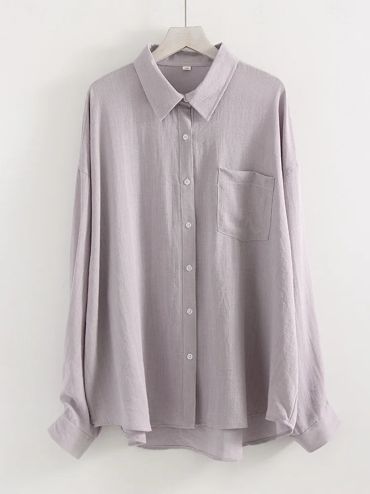 Summer Blue Linen Shirts For Women Oversized Long Sleeve Tops Green Shirt Woman Work Basic Linen Tops Women White Shirts Ladies
