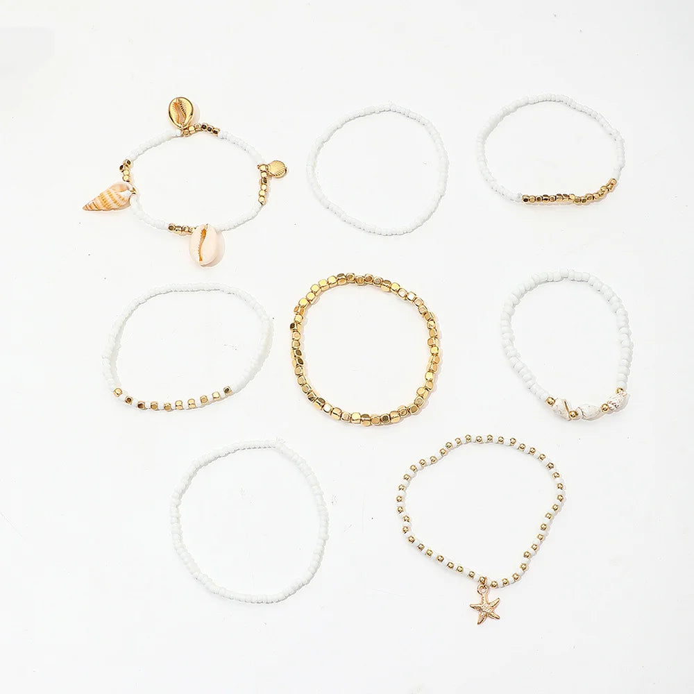 8pcs Bohemian Starfish Braided Anklet Set for Women Summer Beach Shell Cowrie Bead Foot Jewelry Vacation Daily Wear Outfits Gift