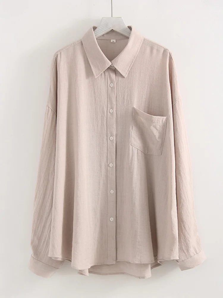 Summer Blue Linen Shirts For Women Oversized Long Sleeve Tops Green Shirt Woman Work Basic Linen Tops Women White Shirts Ladies