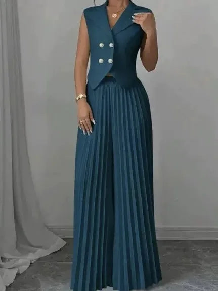 Women's White 2 Piece Outfit Double Breasted Vest and Pleated Wide Leg Pants Set Elegant Office Lady Business Casual Summer Suit
