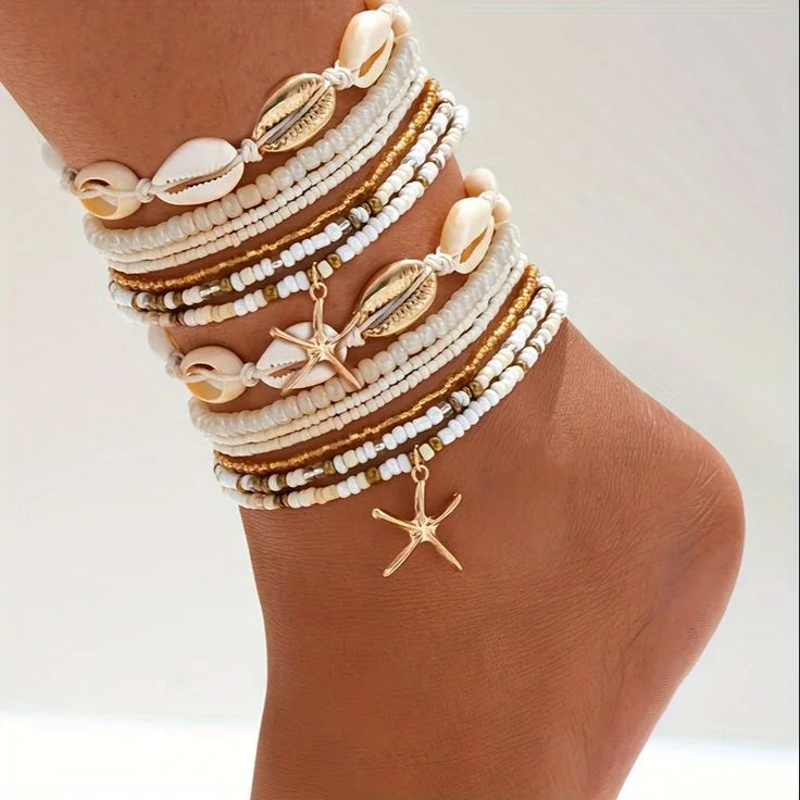 8pcs Bohemian Starfish Braided Anklet Set for Women Summer Beach Shell Cowrie Bead Foot Jewelry Vacation Daily Wear Outfits Gift