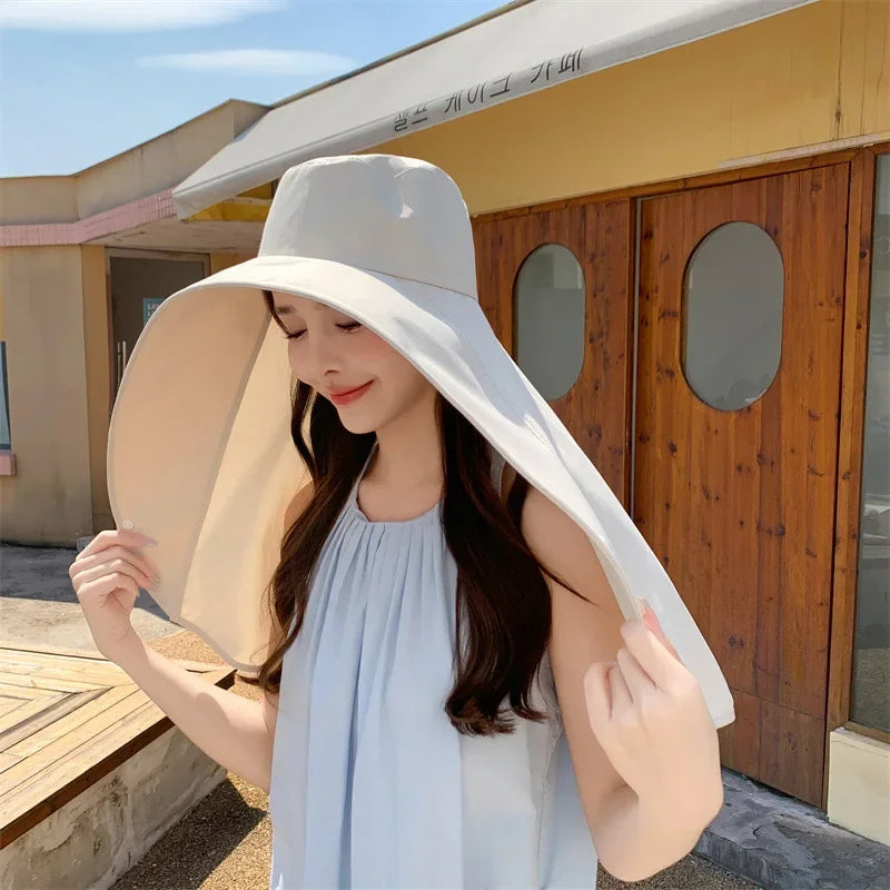 Summer Hats for Women Outdoor UV Anti Neck Protection Sun Visors for Lady Fishing Hiking Wide Brim Shawl Sunscreen Ponytail Cap