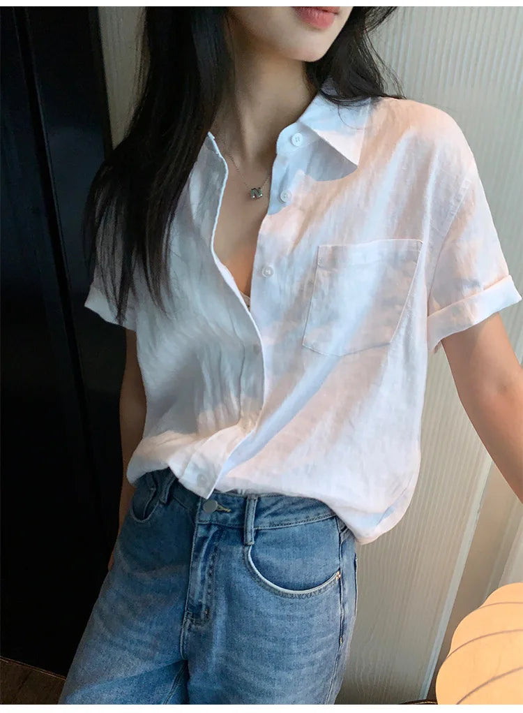 Linen Short-sleeved Shirt Women's Summer Design Sense Niche Commuting Loose Casual Shirt Temperament Top