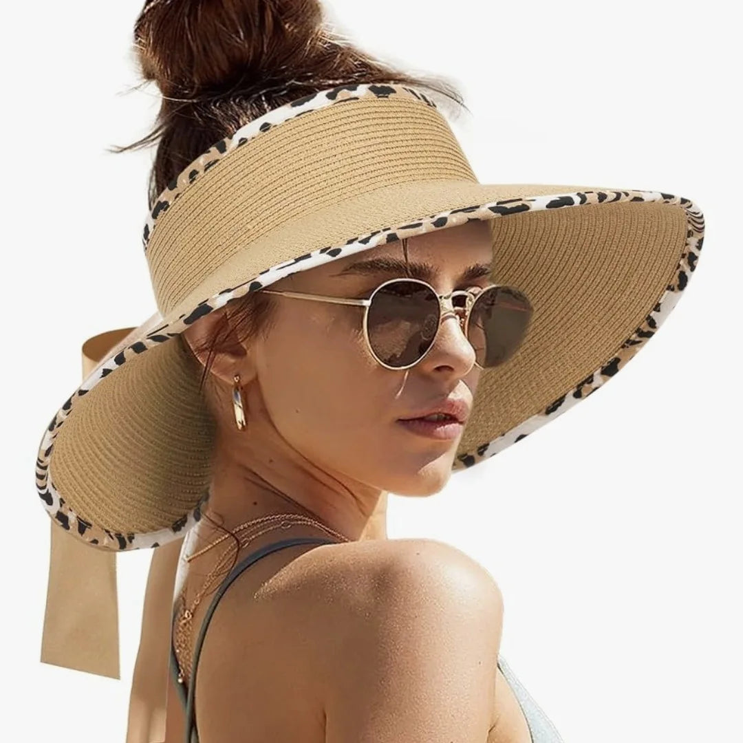 Summer Women Hollow Top Wide Brim Straw Visor Sun Hat With Back Bow Knot, UV Protection Ponytail Hat, Foldable Lightweight Beach