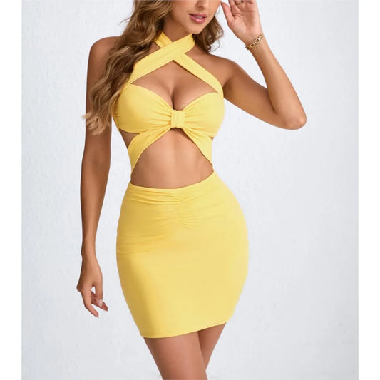 New Women's Mini Skirt Hollowed-out Neck-hugging Sexy Dress