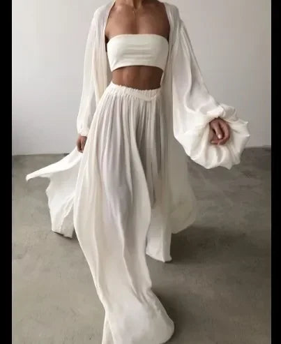 Women 3 Piece Sets Homewear Fashion Casual Lantern Sleeve Cardigan Tops+Wide Leg Pants Suits Lady Spring Soft Three Piece Outfit