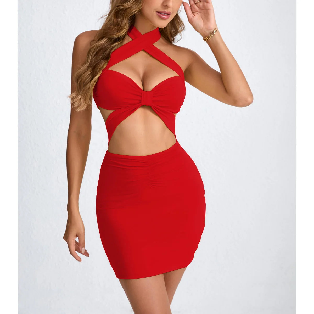 New Women's Mini Skirt Hollowed-out Neck-hugging Sexy Dress