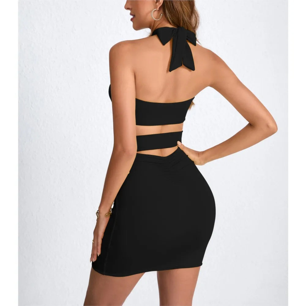 New Women's Mini Skirt Hollowed-out Neck-hugging Sexy Dress