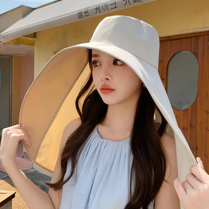 Summer Hats for Women Outdoor UV Anti Neck Protection Sun Visors for Lady Fishing Hiking Wide Brim Shawl Sunscreen Ponytail Cap