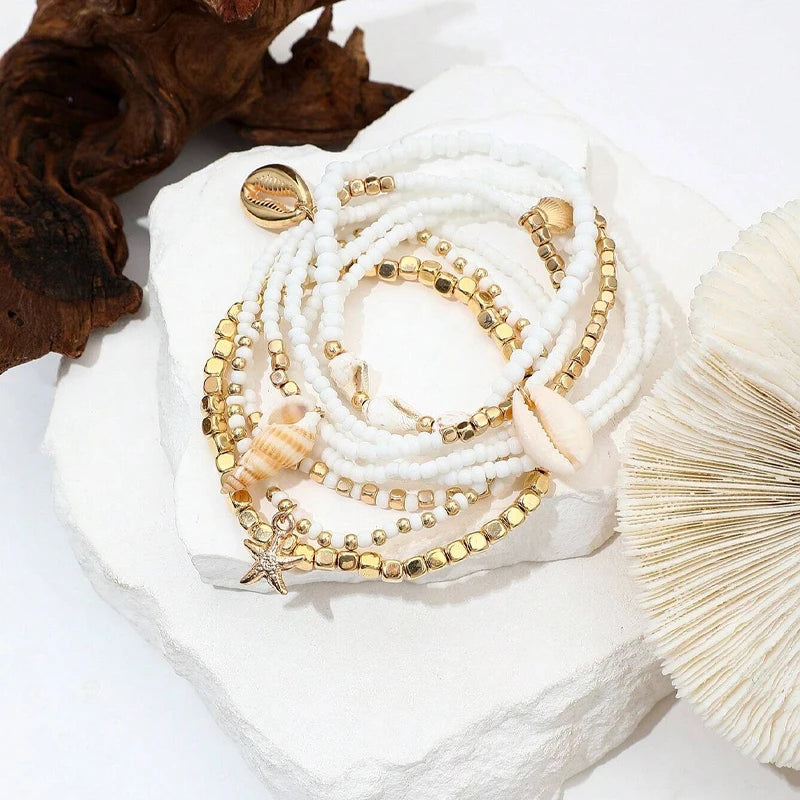 8pcs Bohemian Starfish Braided Anklet Set for Women Summer Beach Shell Cowrie Bead Foot Jewelry Vacation Daily Wear Outfits Gift
