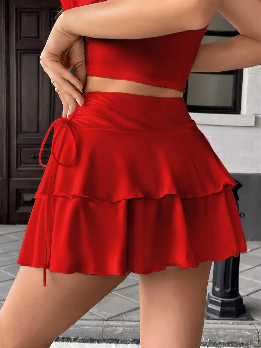 Women's Mini Skirt Low Waist Solid Color Ruffle Hem Skirt Role Play Schoolgirl Costume Sexy Hot Summer Elastic Waist Short Skirt