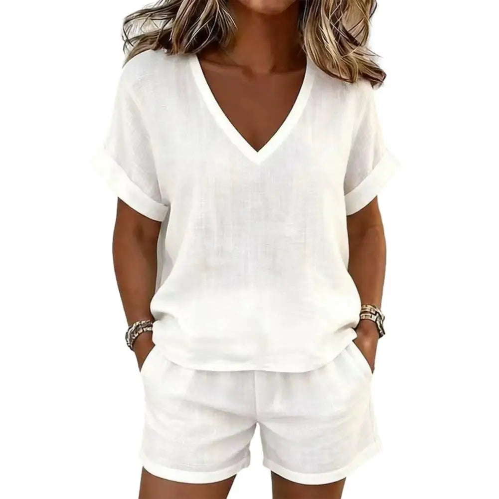 Summer 2 Piece Sets for Women, Short Sleeve V Neck Top And Shorts Lounge Outfits, Casual Vacation Matching Set with Pockets