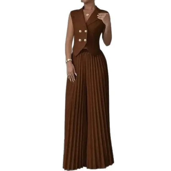 Women's White 2 Piece Outfit Double Breasted Vest and Pleated Wide Leg Pants Set Elegant Office Lady Business Casual Summer Suit