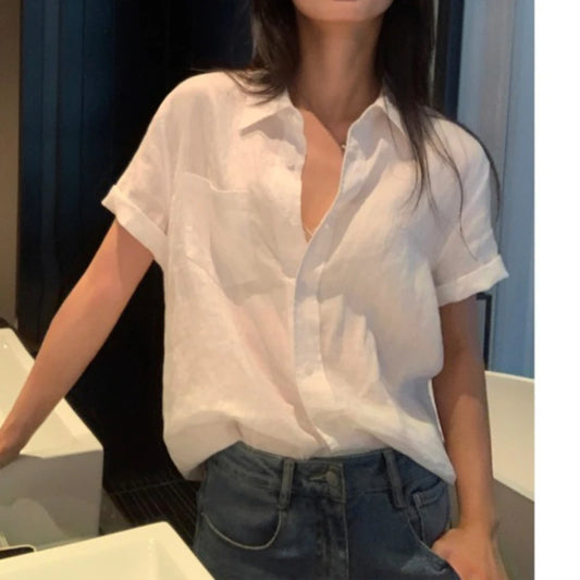 Linen Short-sleeved Shirt Women's Summer Design Sense Niche Commuting Loose Casual Shirt Temperament Top
