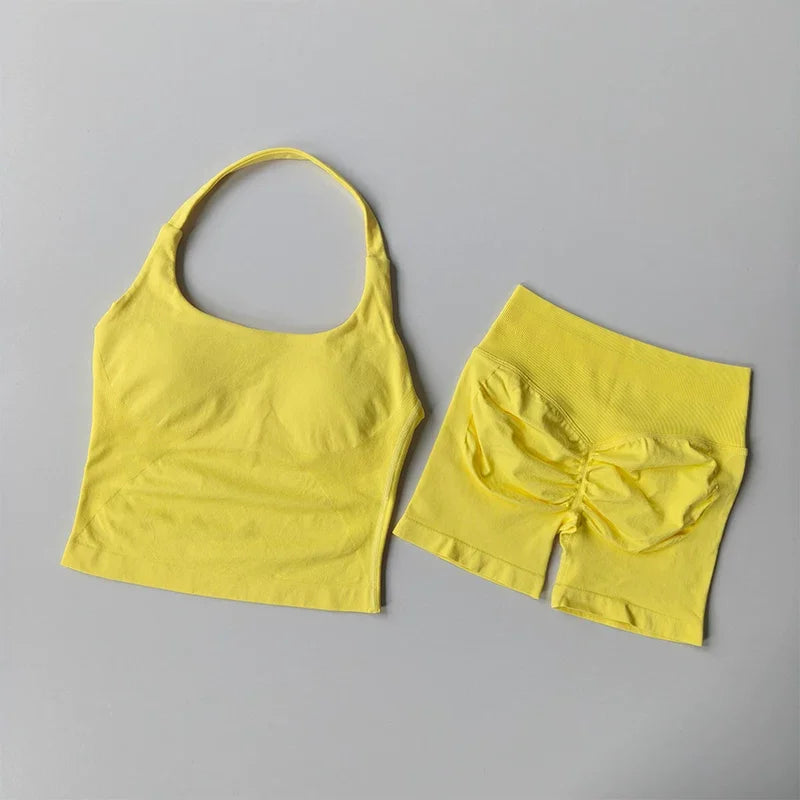 Yoga 2 Pieces Gym Set Women Backless Halter Tops High Waist Seamless Shorts Gym Suit Fitness Sports Bras Sportswear Workout Sets