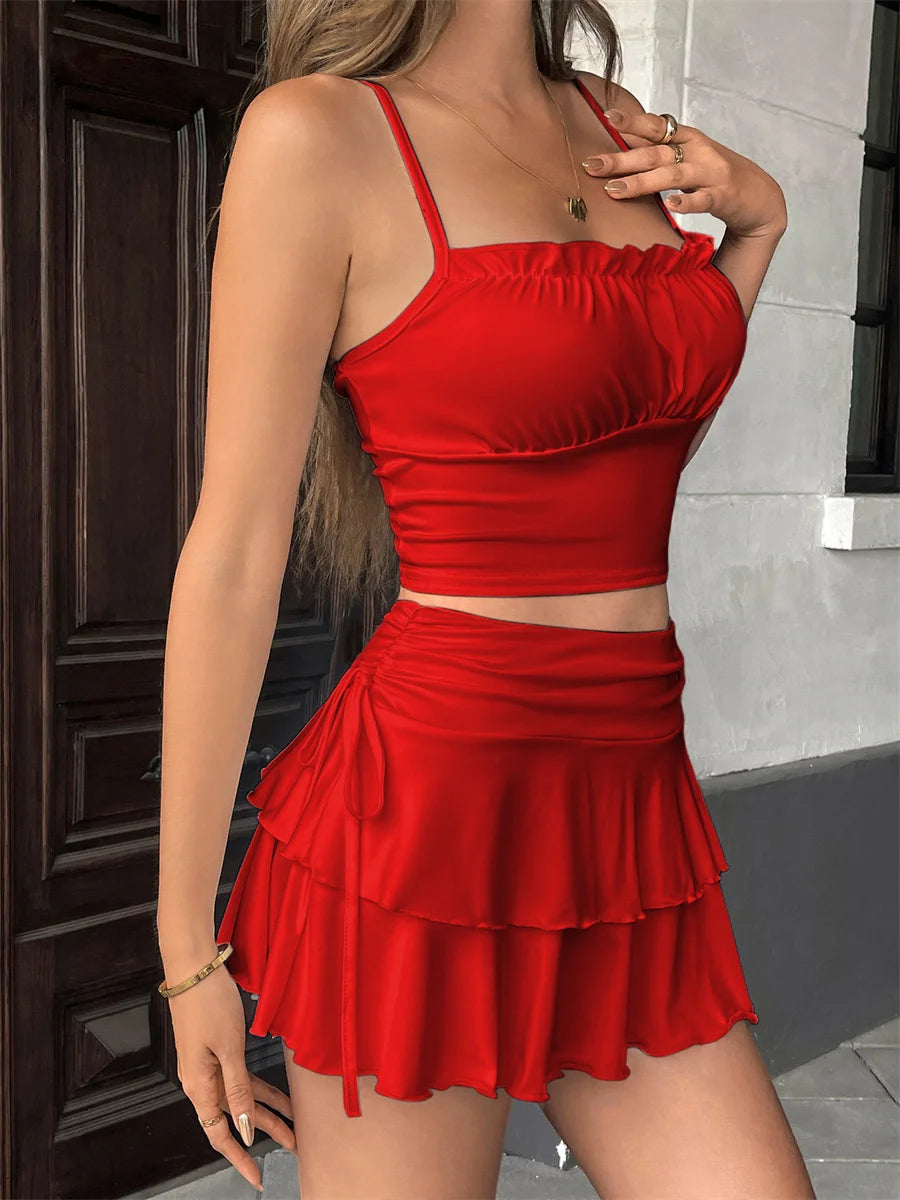 Women's Mini Skirt Low Waist Solid Color Ruffle Hem Skirt Role Play Schoolgirl Costume Sexy Hot Summer Elastic Waist Short Skirt