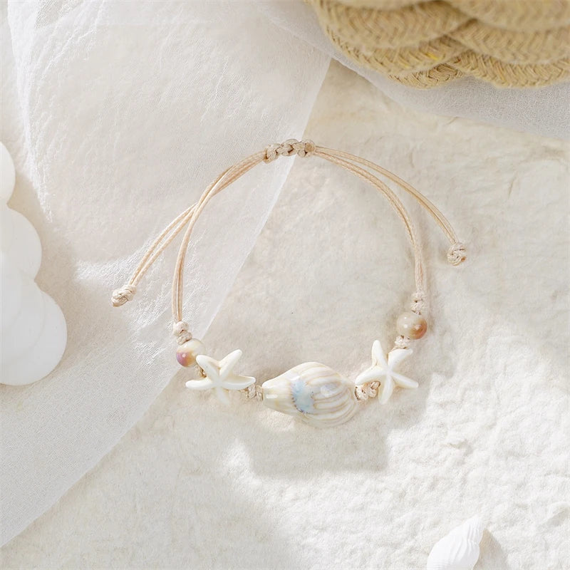 Bohemian Shell Starfish Woven Bracelet for Women Summer Beach Vacation Handmade Adjustable Rope Bangle Wristband Jewelry Gift