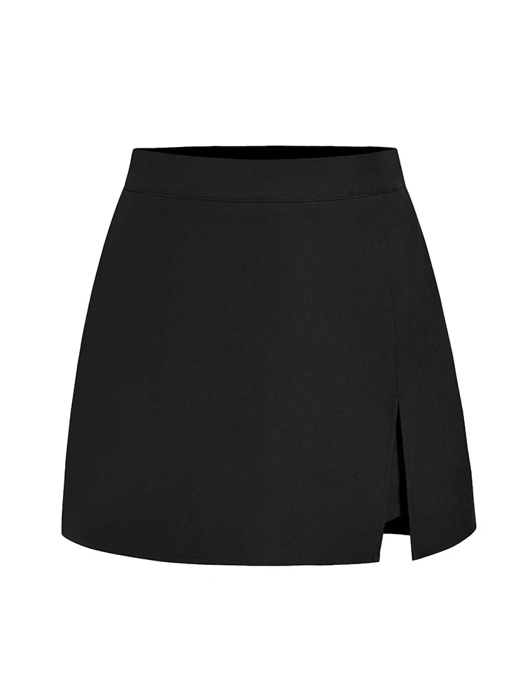 Summer Mini Divided Skirt For Women Elastic Skorts Black Office Lady Slit Skirts Short High Waist Women Mini Skirt Shorts Zipper