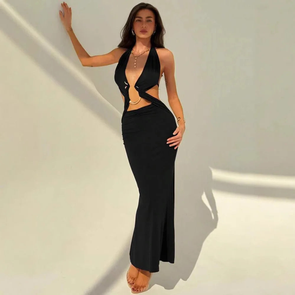 Summer Women Sexy Halter Deep V Neck Backless Dress Snake-Shaped Decoration Long Dresses