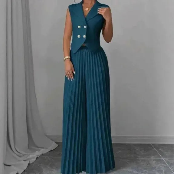 Women's White 2 Piece Outfit Double Breasted Vest and Pleated Wide Leg Pants Set Elegant Office Lady Business Casual Summer Suit