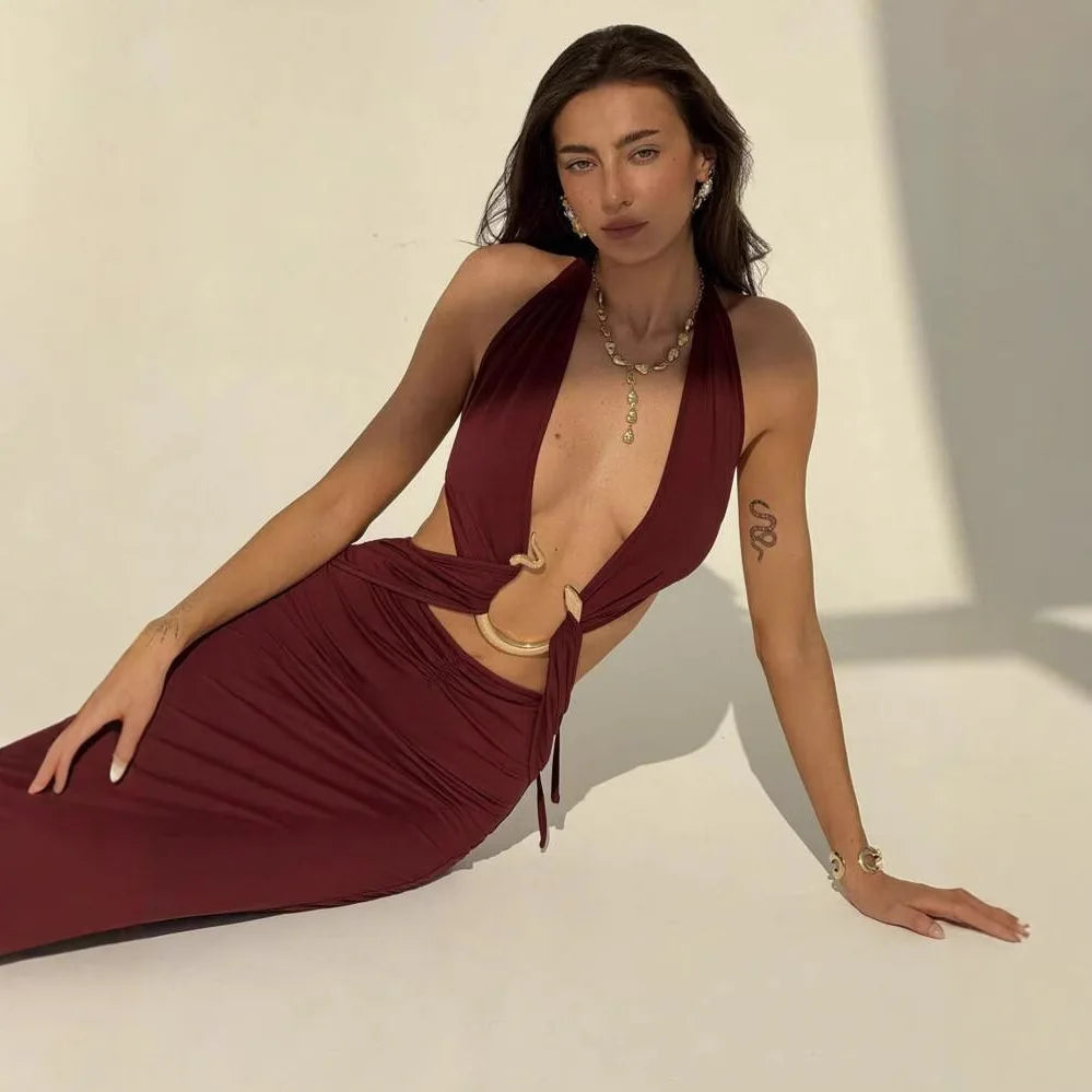 Summer Women Sexy Halter Deep V Neck Backless Dress Snake-Shaped Decoration Long Dresses