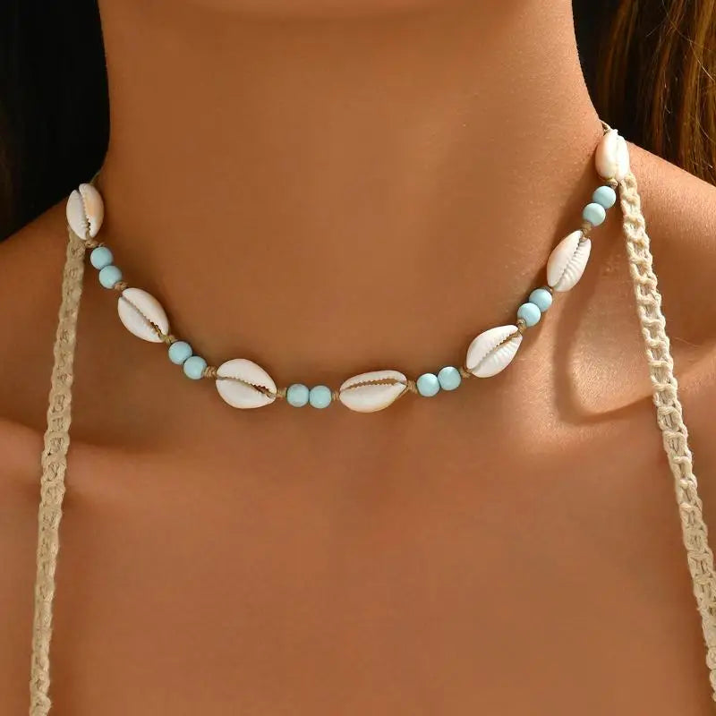 Summer Shell Beaded Necklace Adjustable Braided Chain Purple Blue Pink White for Women Beach Party Vacation Gift