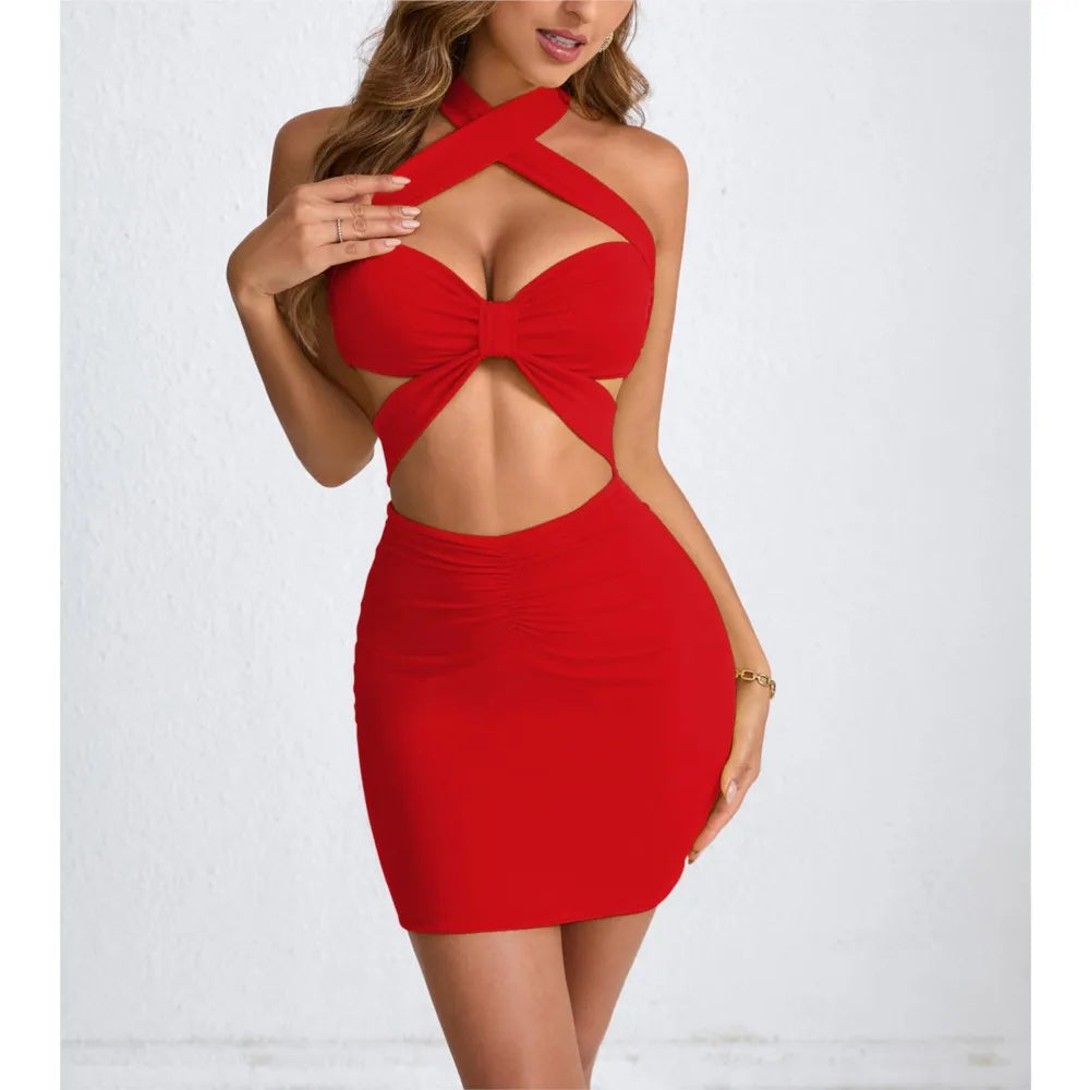 New Women's Mini Skirt Hollowed-out Neck-hugging Sexy Dress