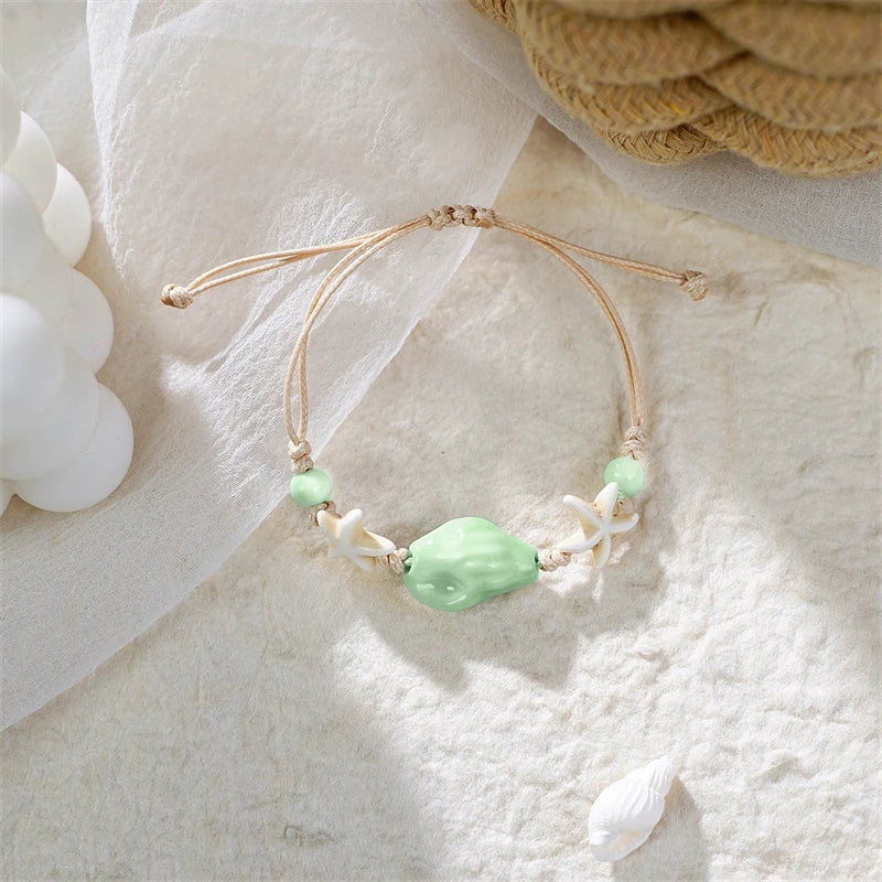 Bohemian Shell Starfish Woven Bracelet for Women Summer Beach Vacation Handmade Adjustable Rope Bangle Wristband Jewelry Gift