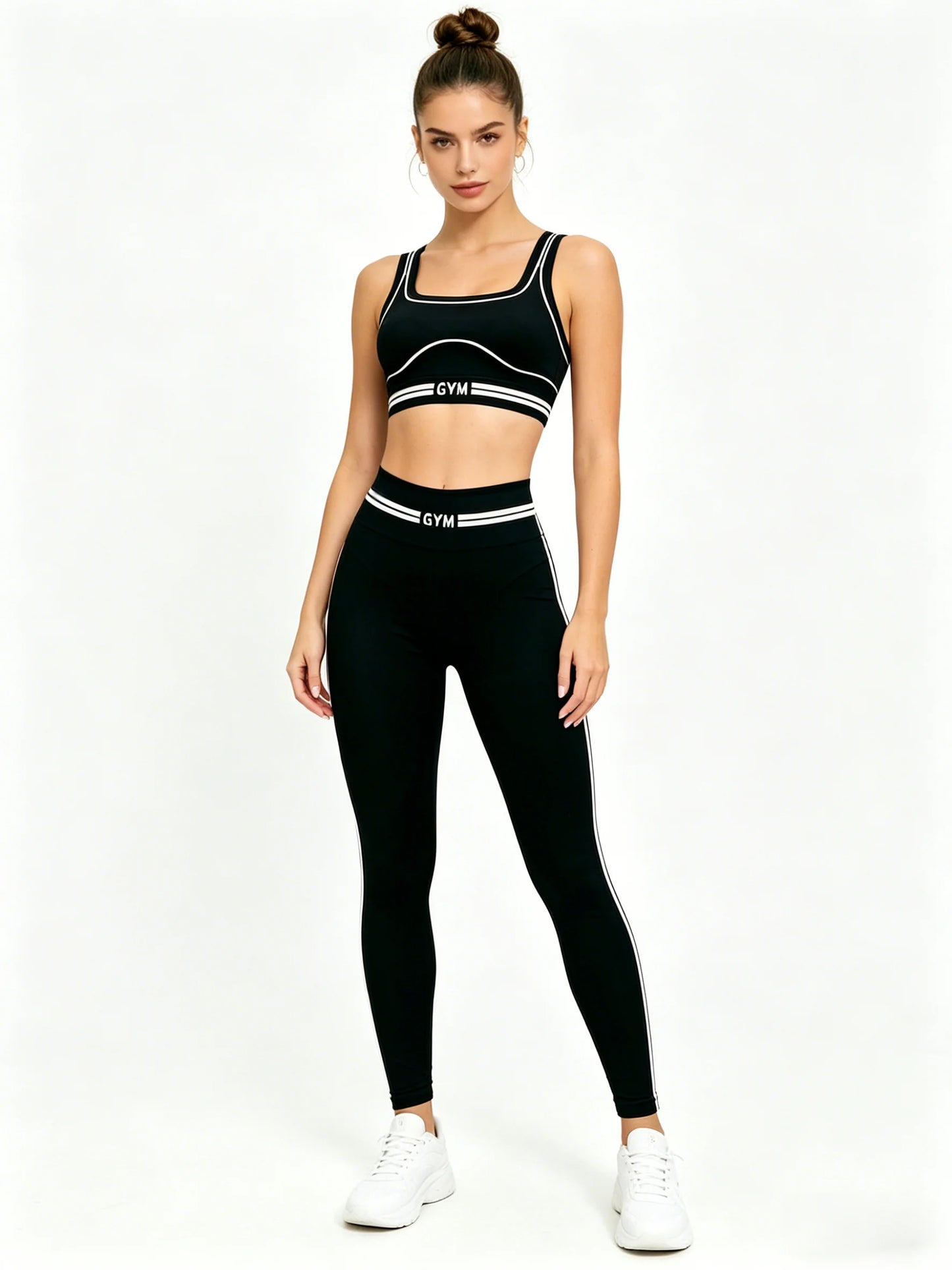 Women's 2Pcs Gym Set Black White Trim Sports Bra + High Waist Leggings Fitness Workout Yoga Tracksuit