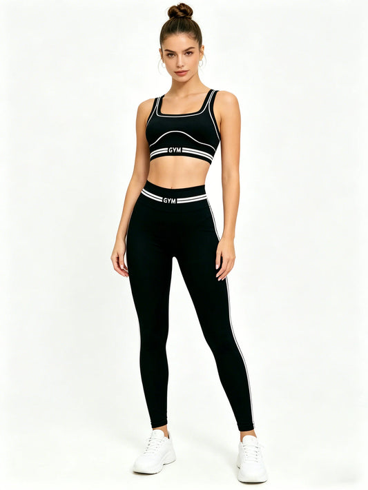 Women's 2Pcs Gym Set Black White Trim Sports Bra + High Waist Leggings Fitness Workout Yoga Tracksuit