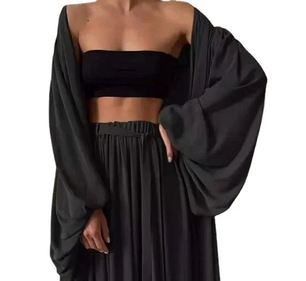 Women 3 Piece Sets Homewear Fashion Casual Lantern Sleeve Cardigan Tops+Wide Leg Pants Suits Lady Spring Soft Three Piece Outfit