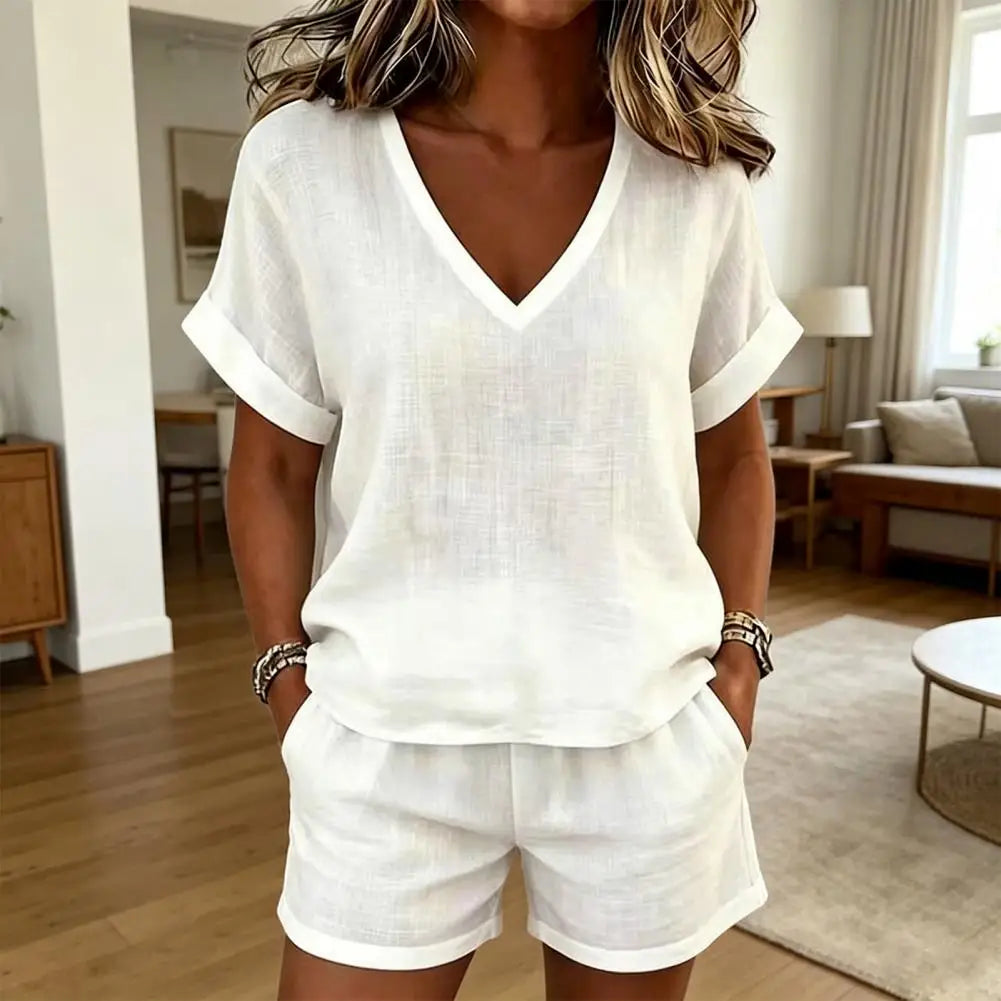 Summer 2 Piece Sets for Women, Short Sleeve V Neck Top And Shorts Lounge Outfits, Casual Vacation Matching Set with Pockets