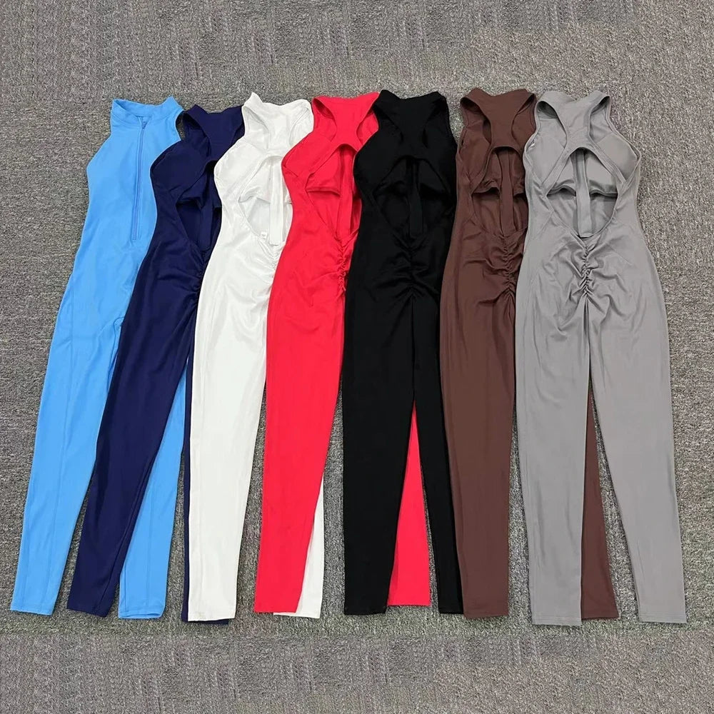 Yoga Women's Padded Workout Suit One-Piece Jumpsuit Workout Set Sports Fitness Overalls Gym Clothing Zipper Long Short 2025 New